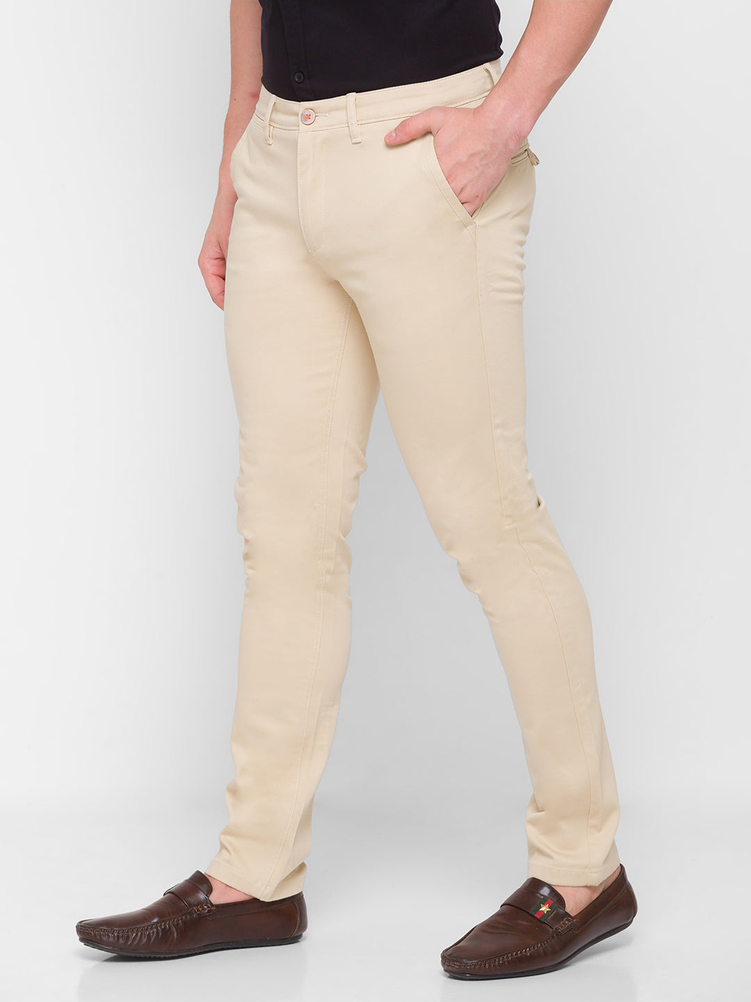 Spykar Men Beige Solid Slim Mid-Rise Trouser