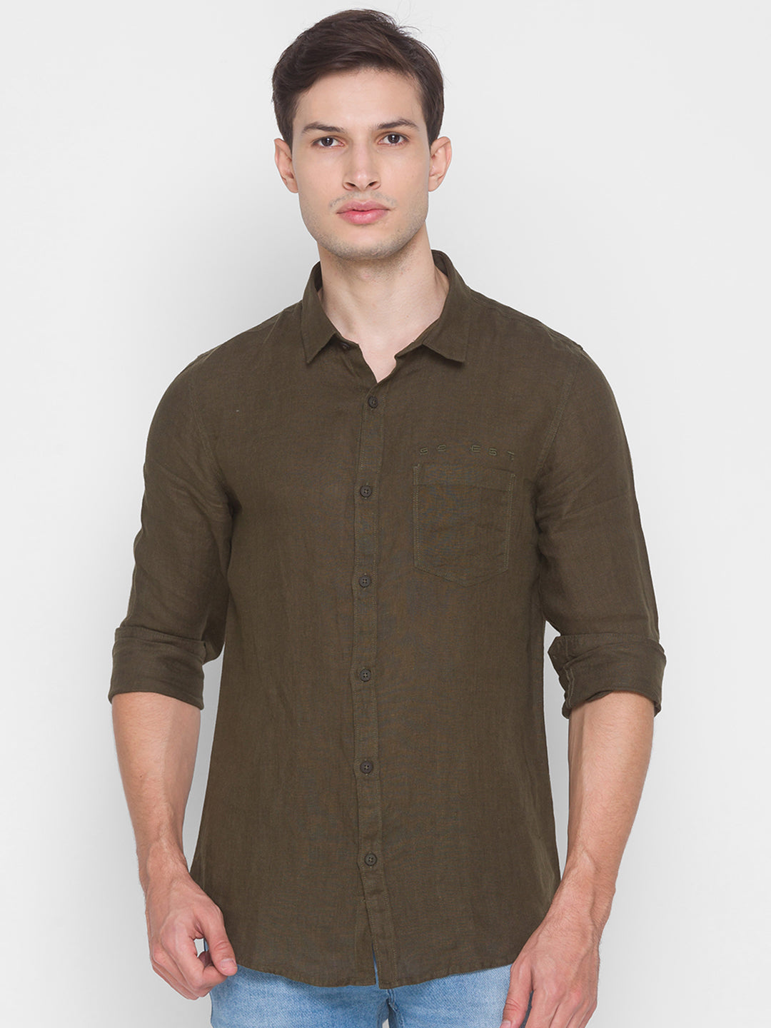 Spykar Slim Fit Green Cotton Men Shirt