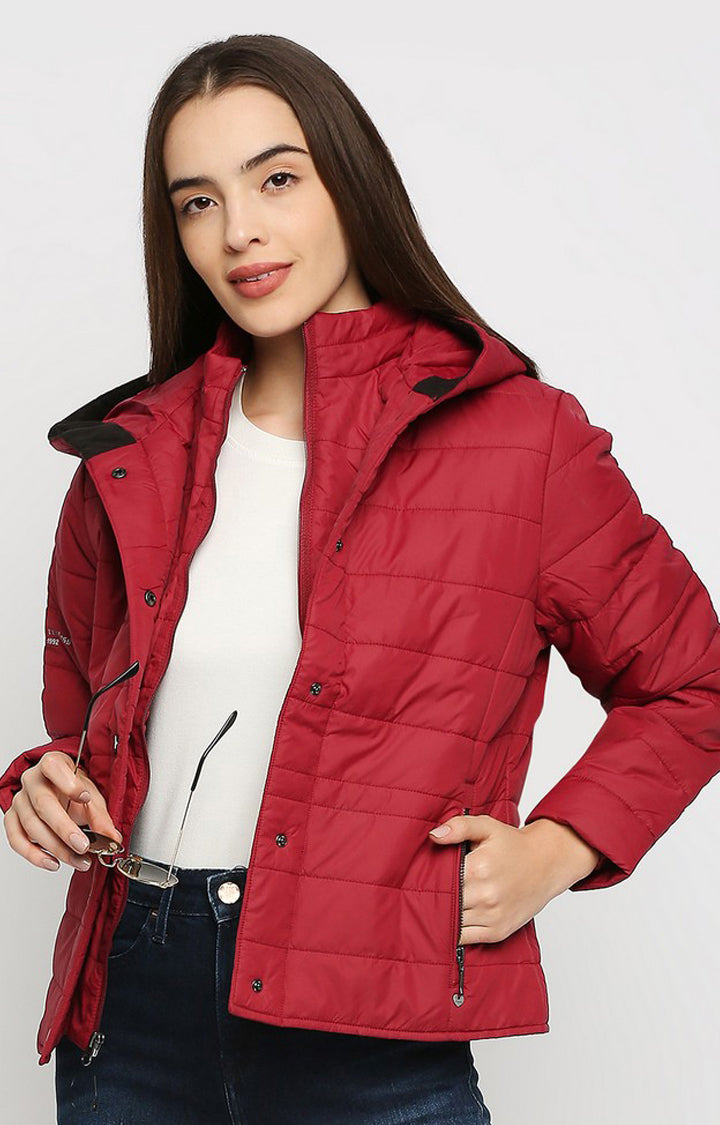 Spykar Women Red Cotton Regular Fit Hoodie Jacket