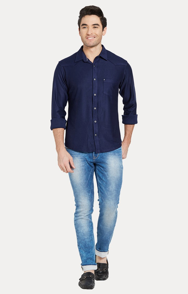 Spykar Men'S Blue Cotton Solid Casual Shirts