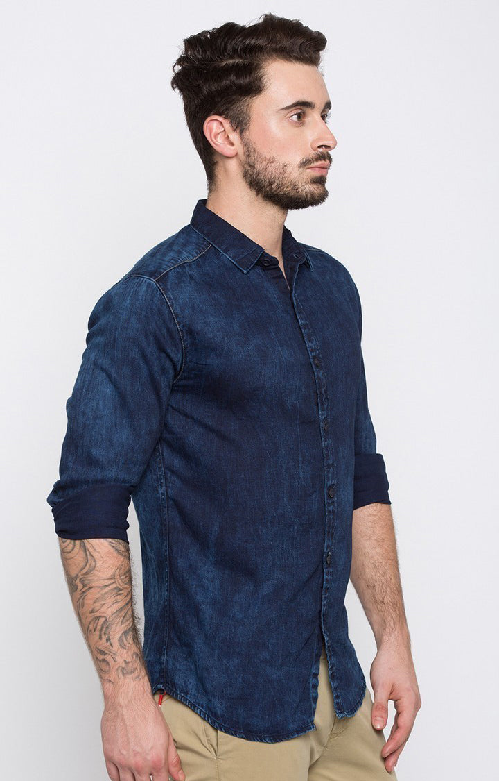 Spykar Men'S Blue Cotton Solid Casual Shirts