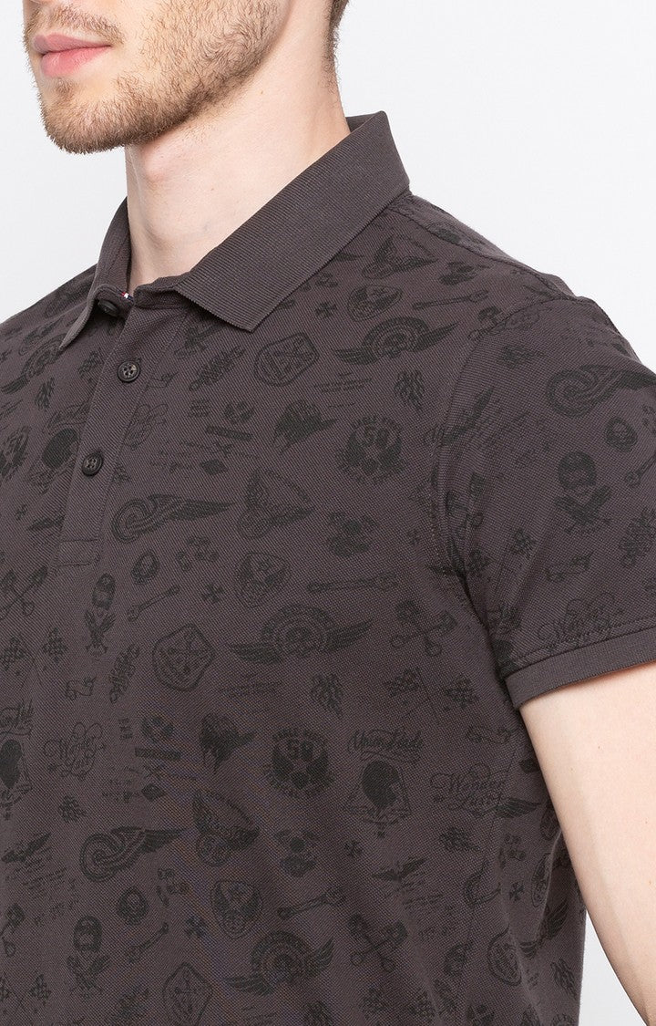 Spykar Dark Grey Printed Slim Fit Polo T-Shirt