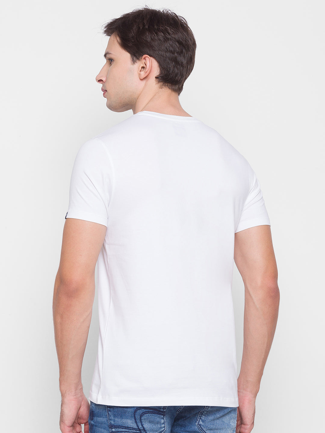 Spykar Men White Cotton Slim Fit Round Neck T-Shirt