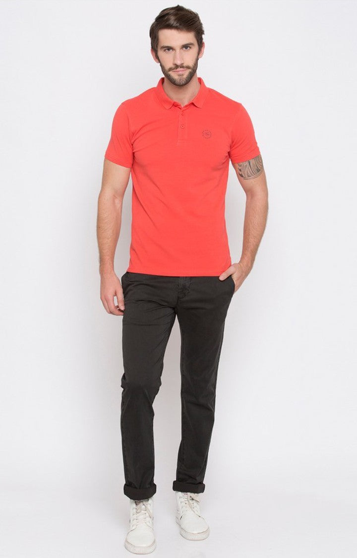 Spykar Coral Solid Slim Fit Polo T-Shirt