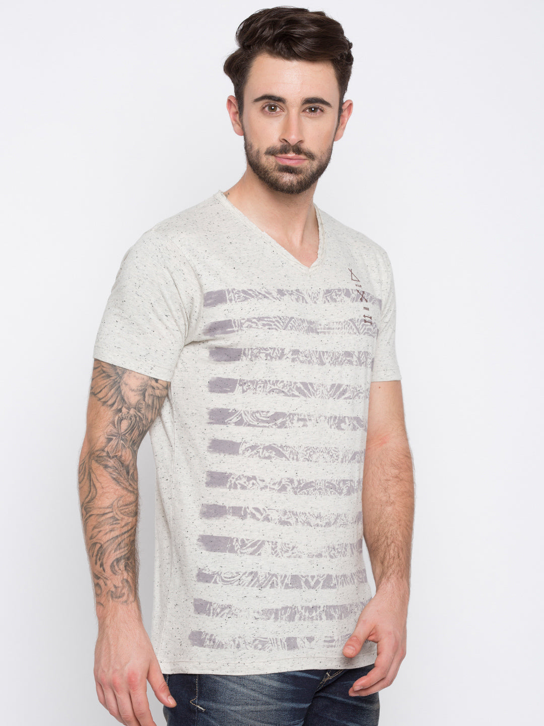 Spykar Men Grey Cotton Slim Fit V-Neck T-Shirt