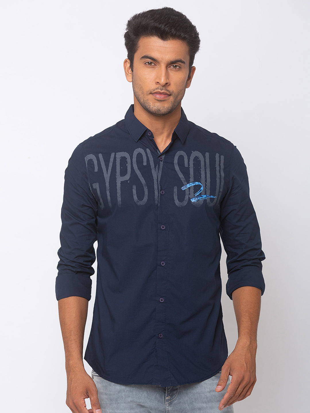 Spykar Men Navy Blue Cotton Slim Fit Shirt