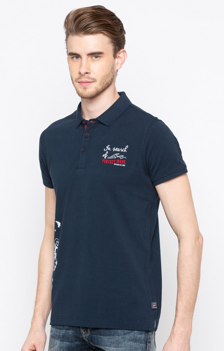 Spykar Navy Printed Slim Fit Polo T-Shirt