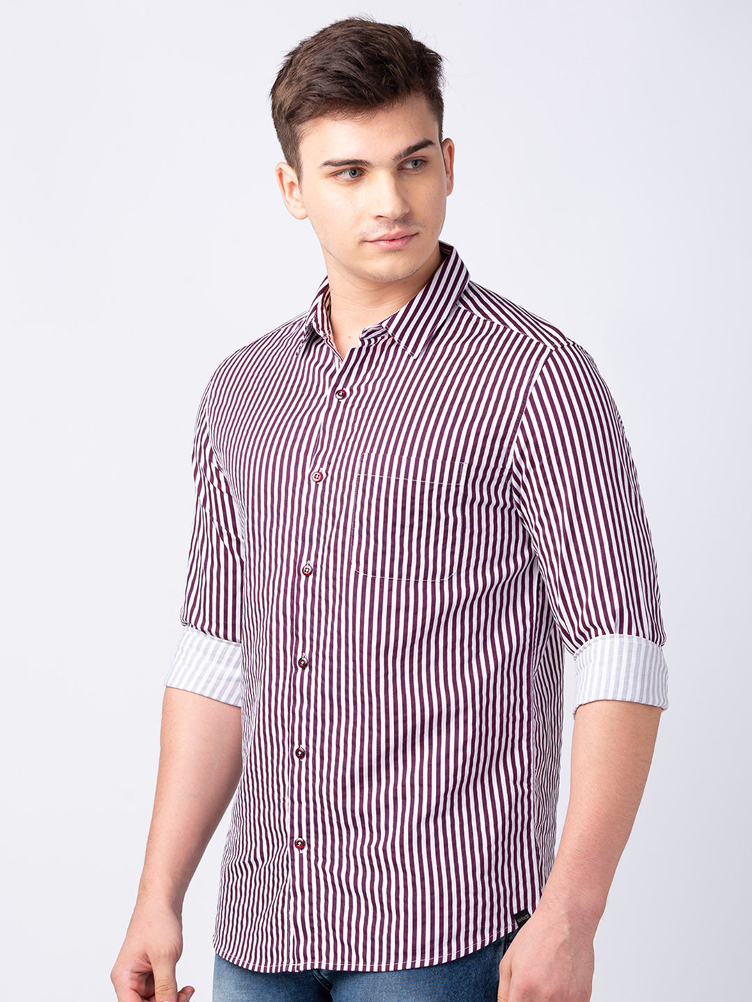 Spykar Men Wine Red Cotton Slim Fit Striped Shirt