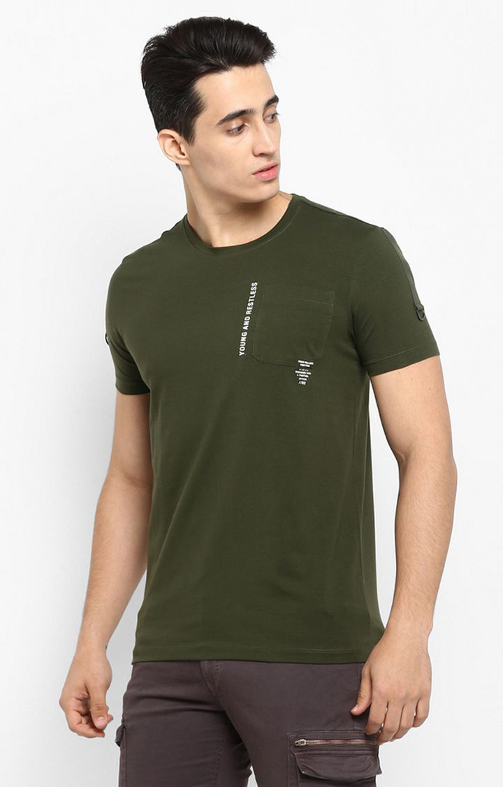 Spykar Olive Green Solid Slim Fit Men T-Shirts