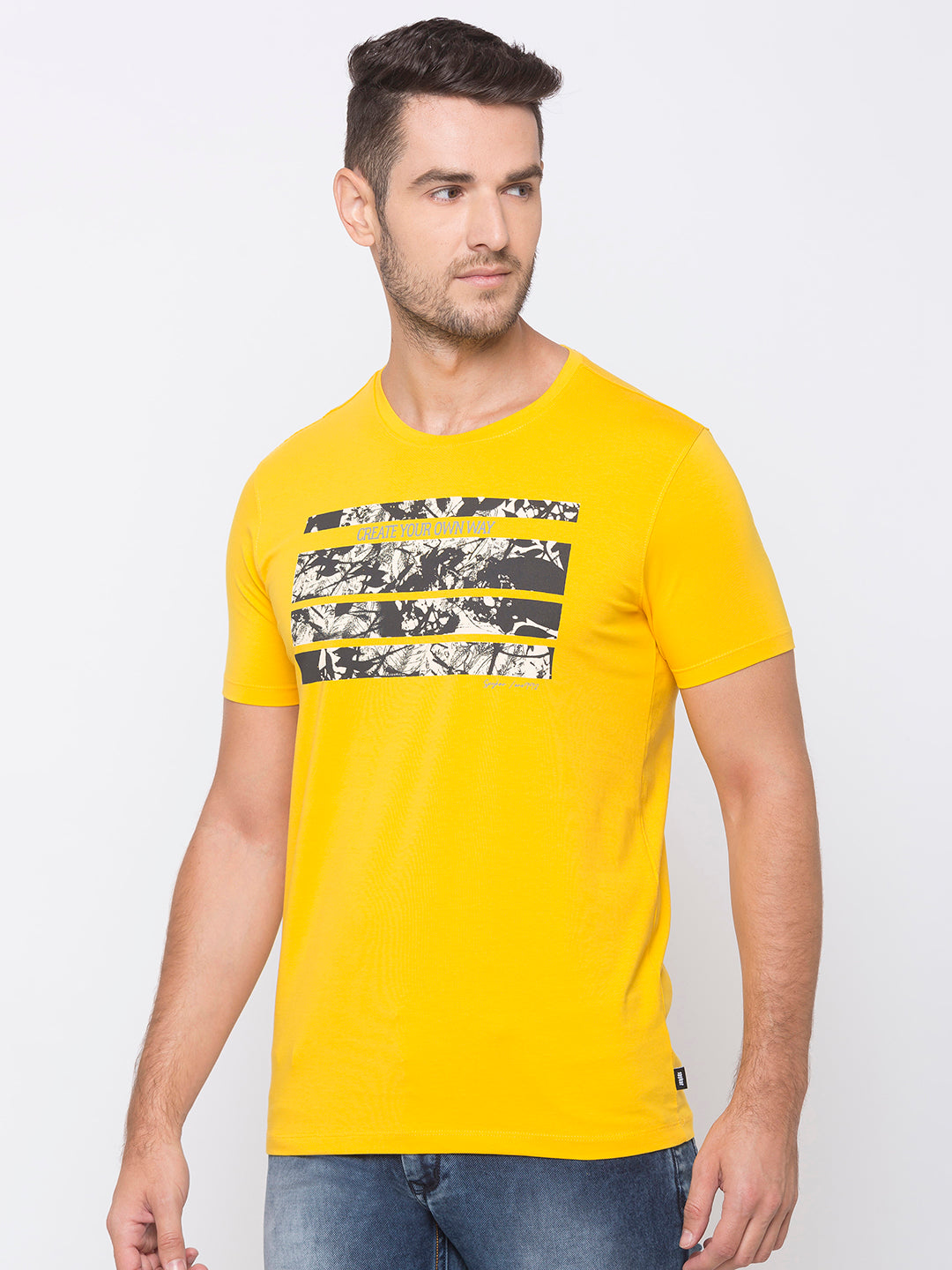 Spykar Men Yellow Cotton Slim Fit Round Neck T-Shirt