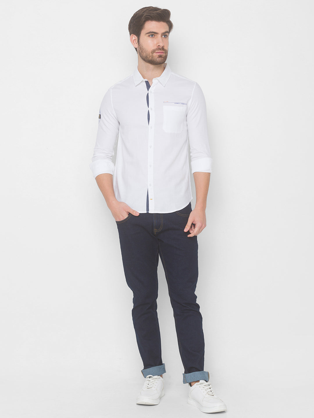 Spykar Men White Cotton Casual Slim Fit Shirt