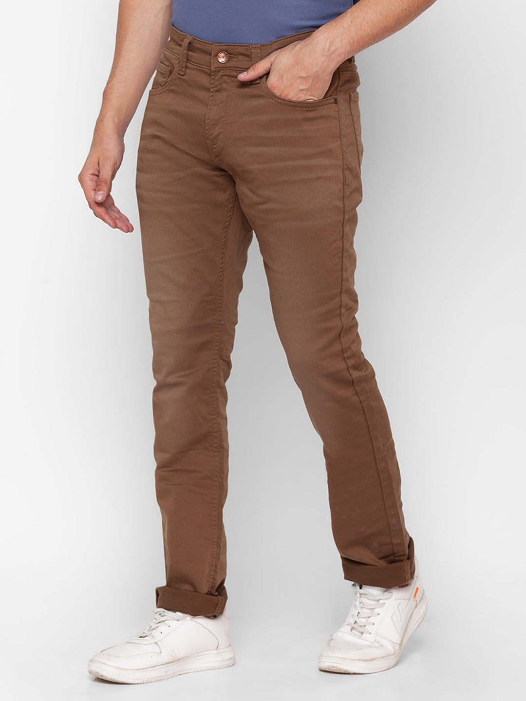 Spykar Coffee Brown Cotton Regular Fit Narrow Length Jeans For Men (Rover)