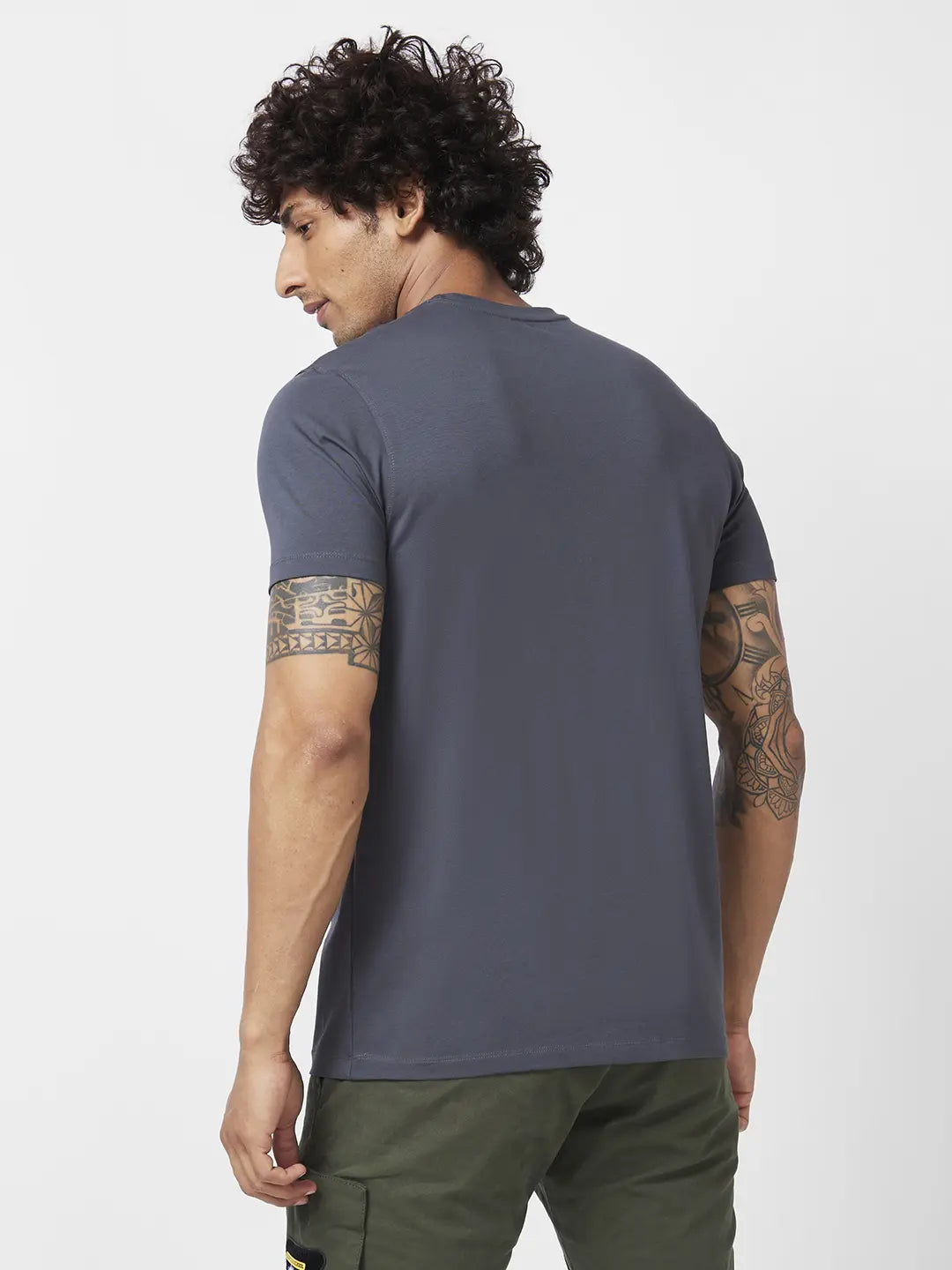 Spykar Men Slate Grey Blended Slim Fit Half Sleeve Round Neck Printed Tshirt
