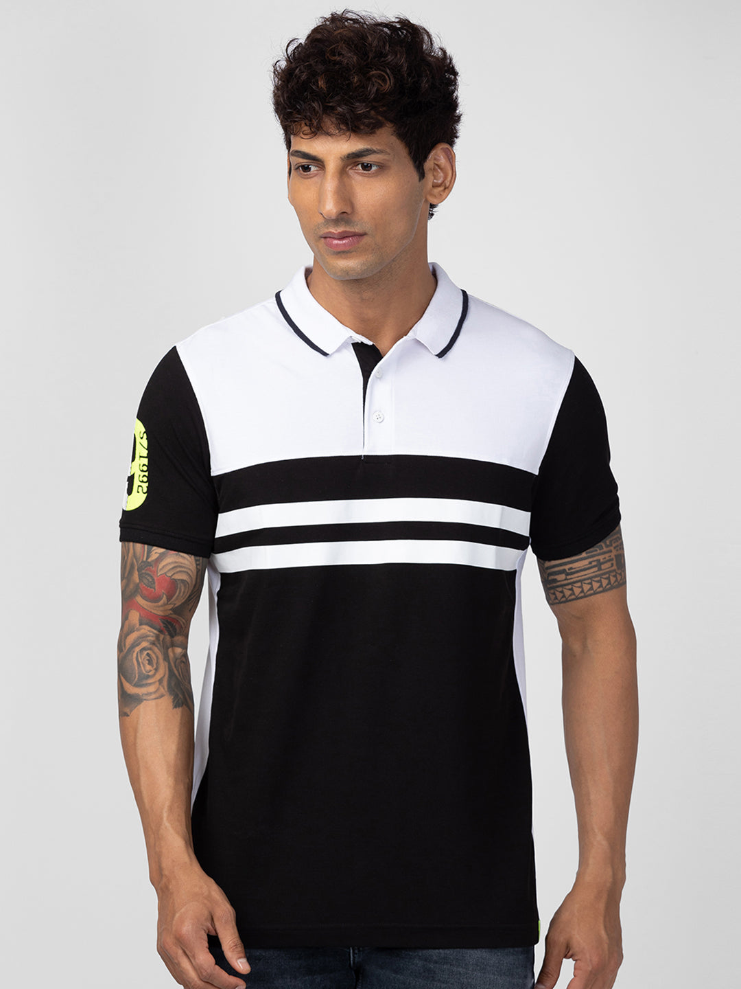 Spykar Men Black Cotton Regular Fit Half Sleeve Printed Polo T-Shirt