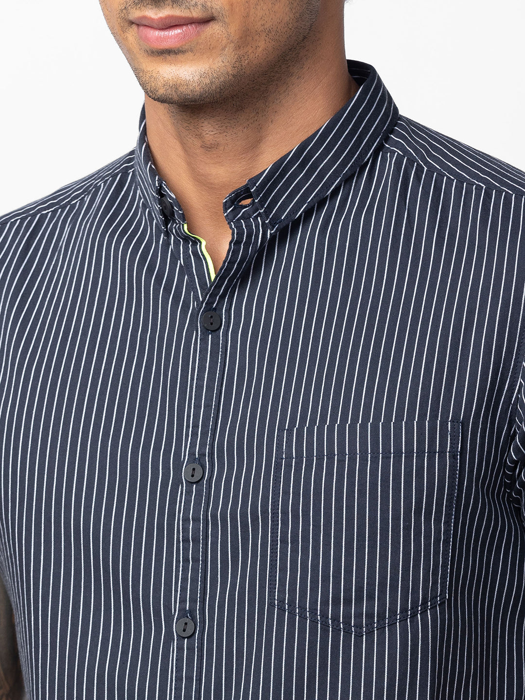 Spykar Men Navy Blue Cotton Slim Fit Striped Shirt