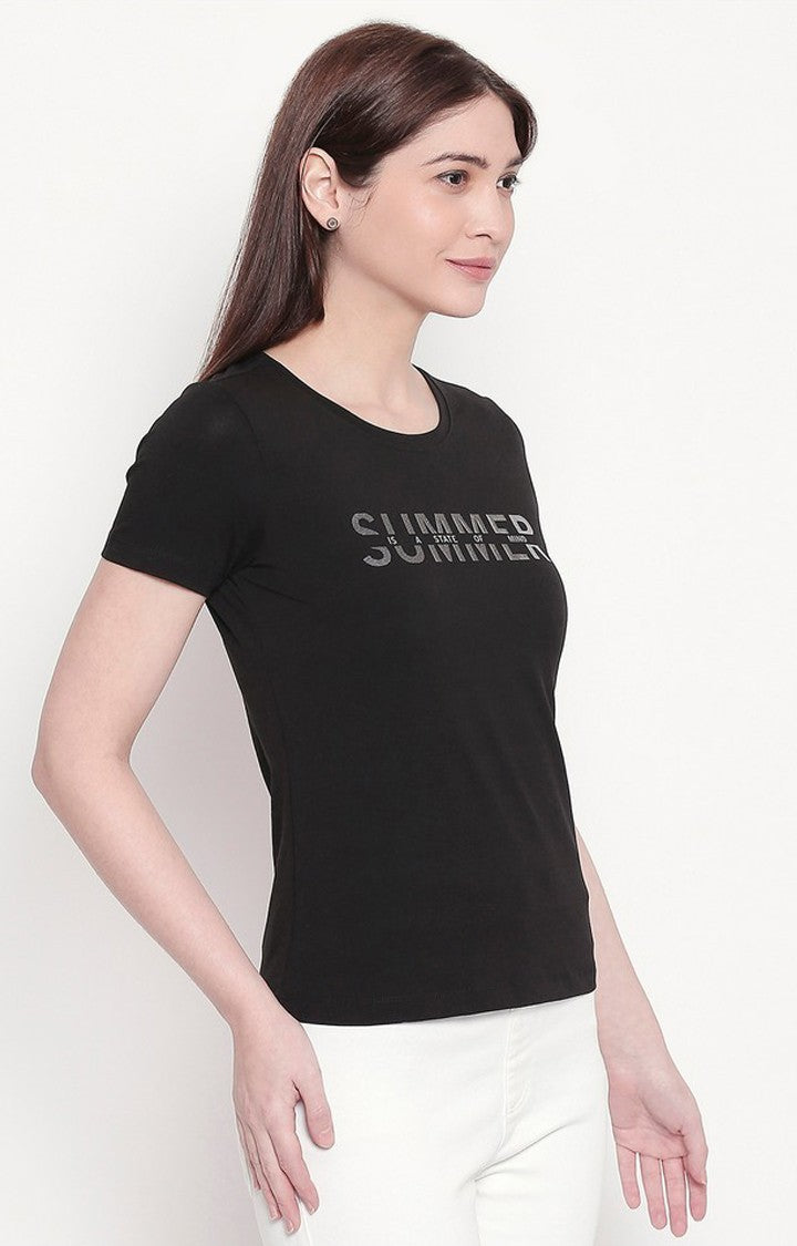 Spykar Women Black Cotton Slim Fit Round Neck T-Shirt