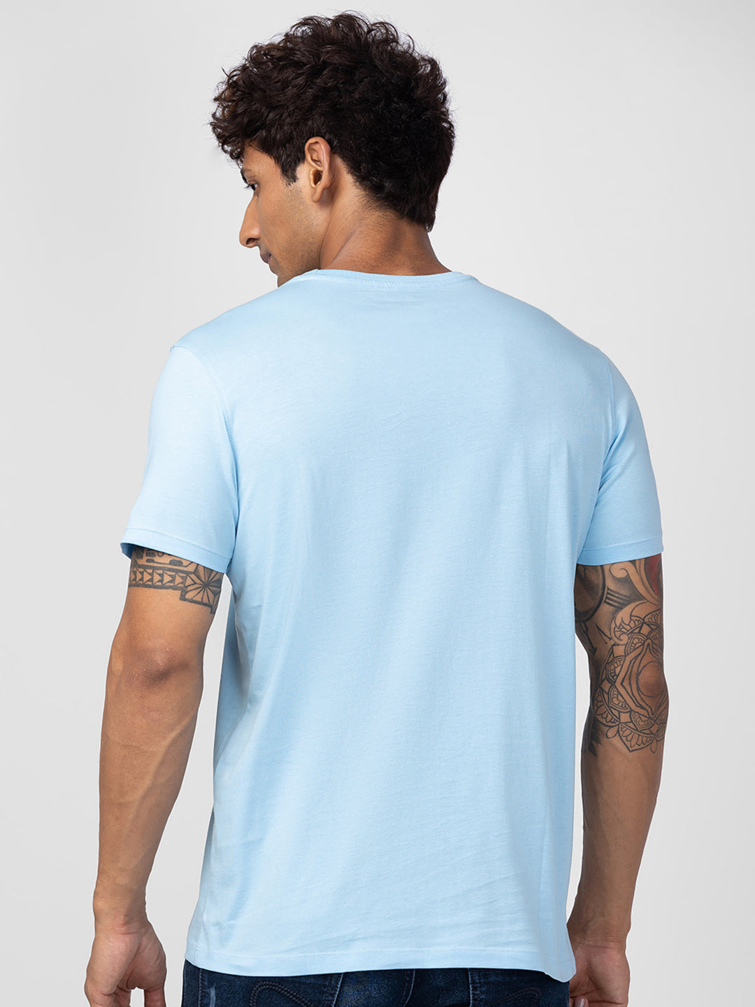 Spykar Men Powder Blue Cotton Regular Fit Half Sleeve Printed T-Shirt