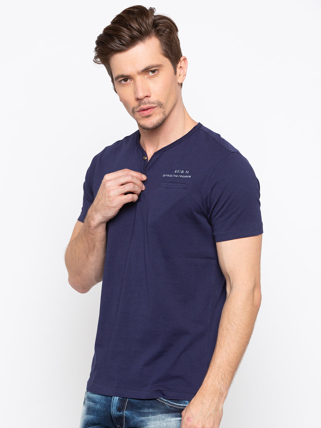 Spykar Men Blue Cotton Printed Half Sleeve T-Shirt