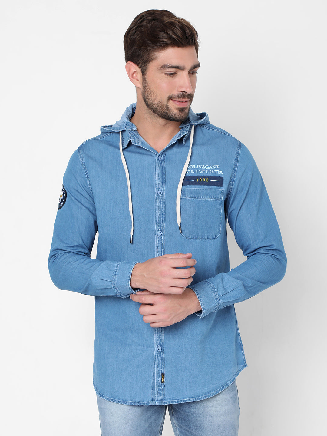 Spykar Blue Cotton Slim Fit Hooded Shirts For Men