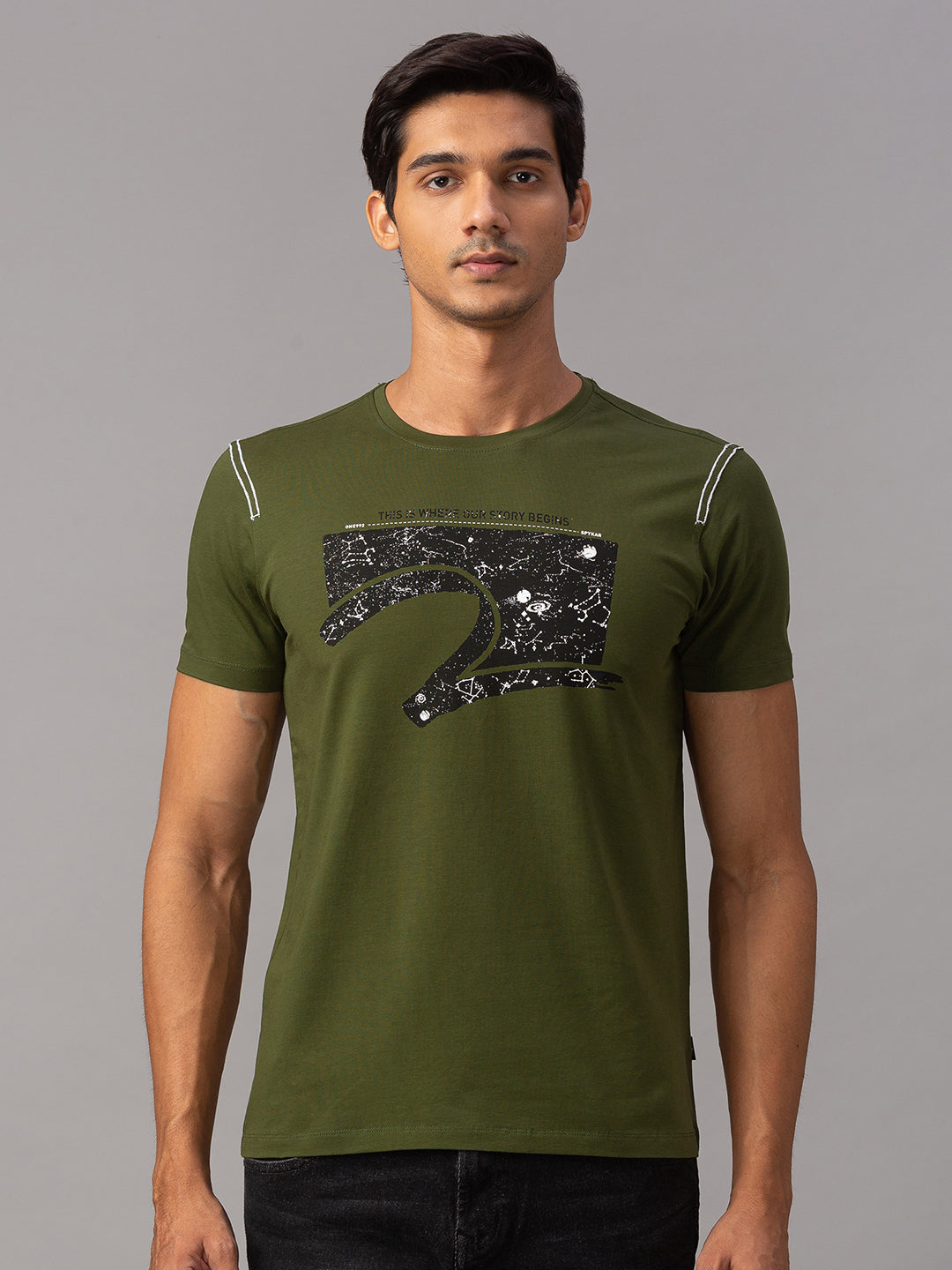 Spykar Men Green Cotton Slim Fit Round Neck T-Shirt