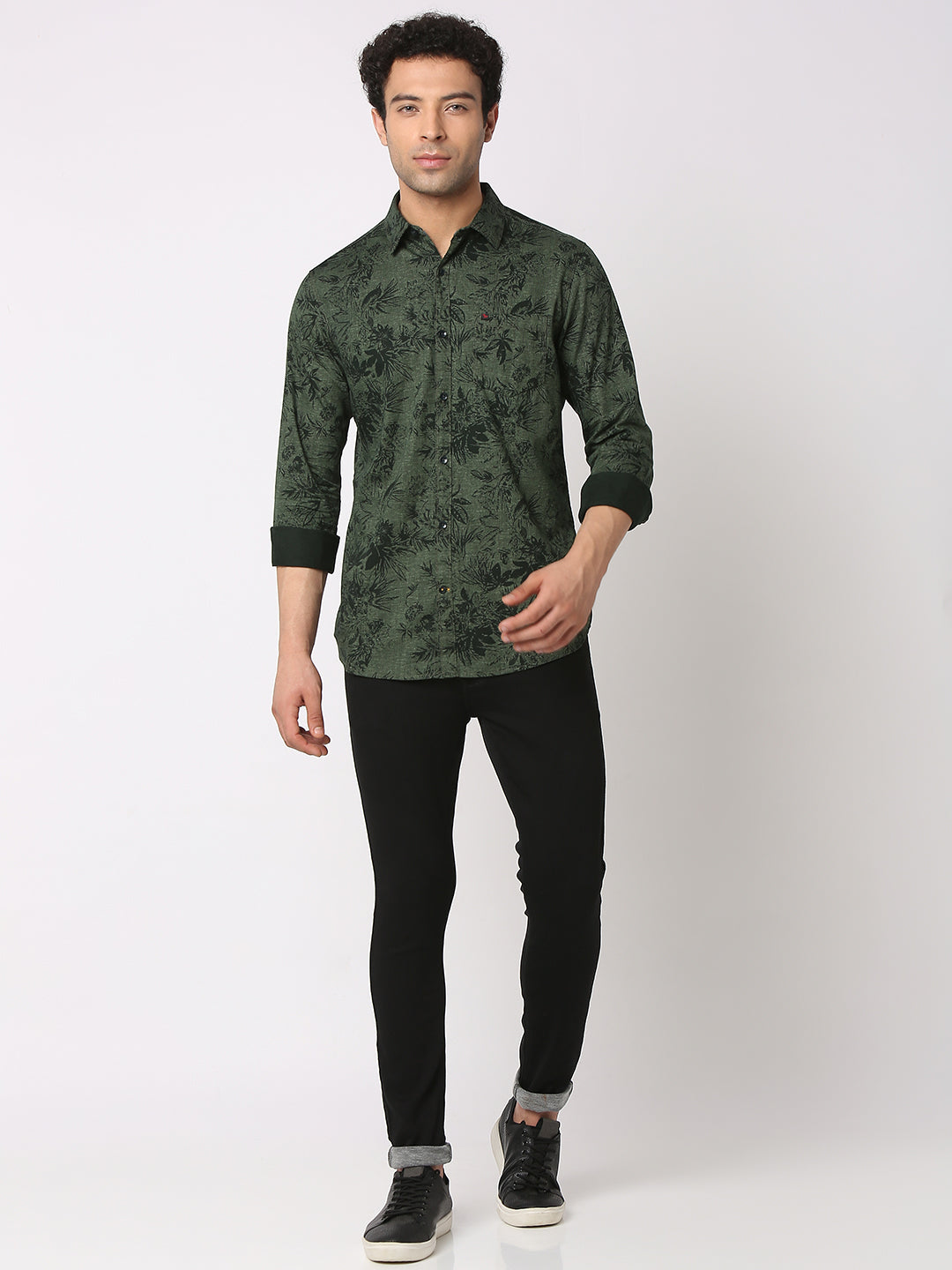 Spykar Men Olive Cotton Slim Fit Printed Shirts