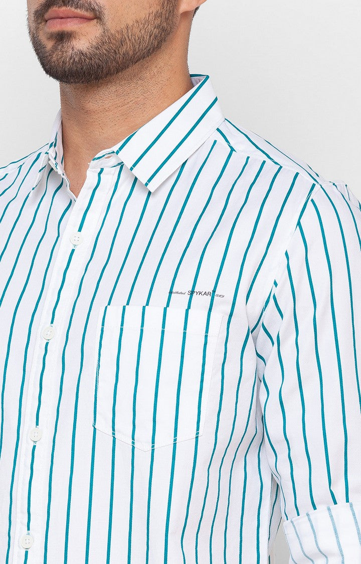 Spykar Sporty Green Cotton Full Sleeve Stripes Shirt For Men