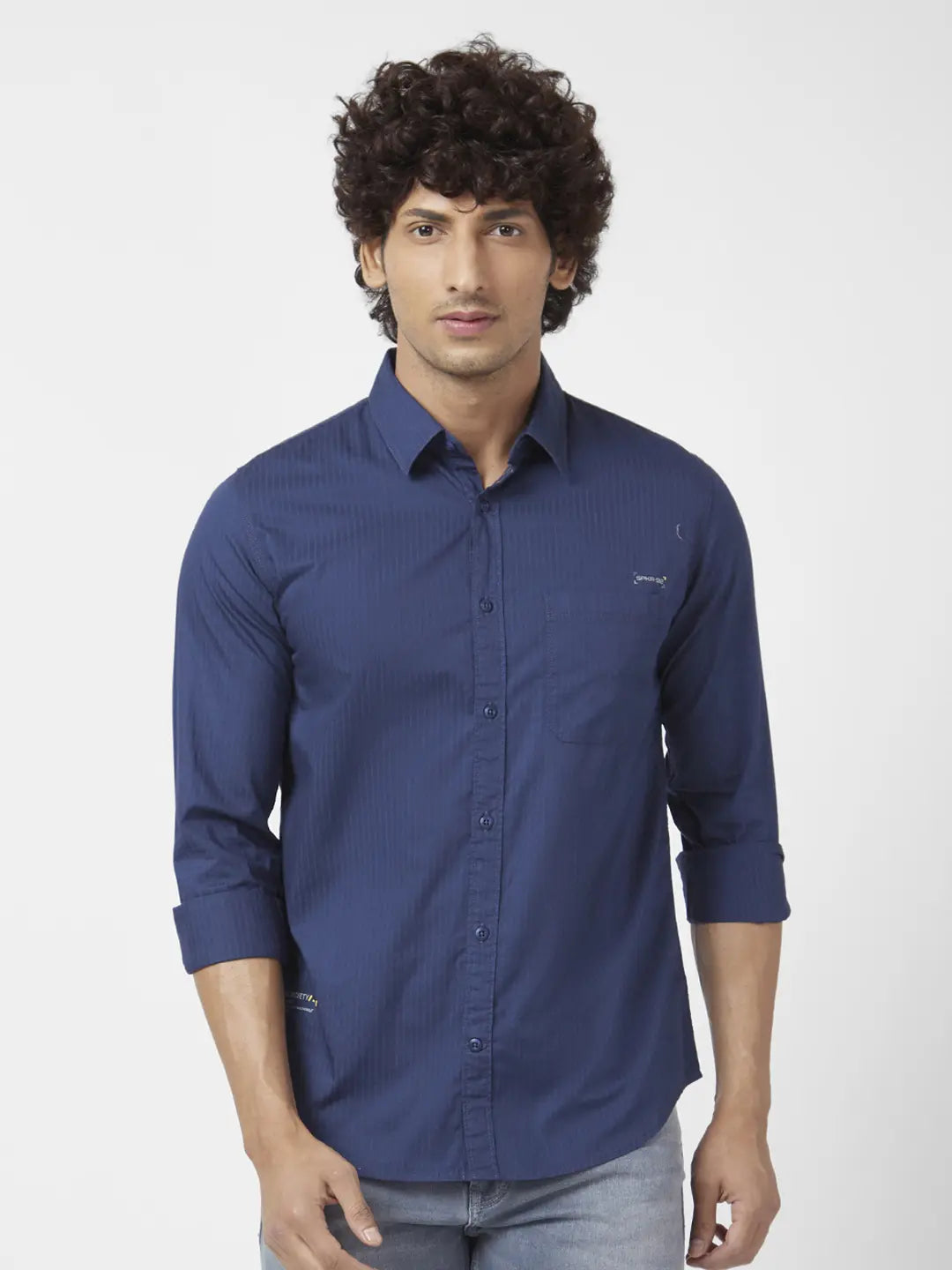 Spykar Men Navy Blue Dyed Regular Slim Fit Full Sleeve Plain Shirt