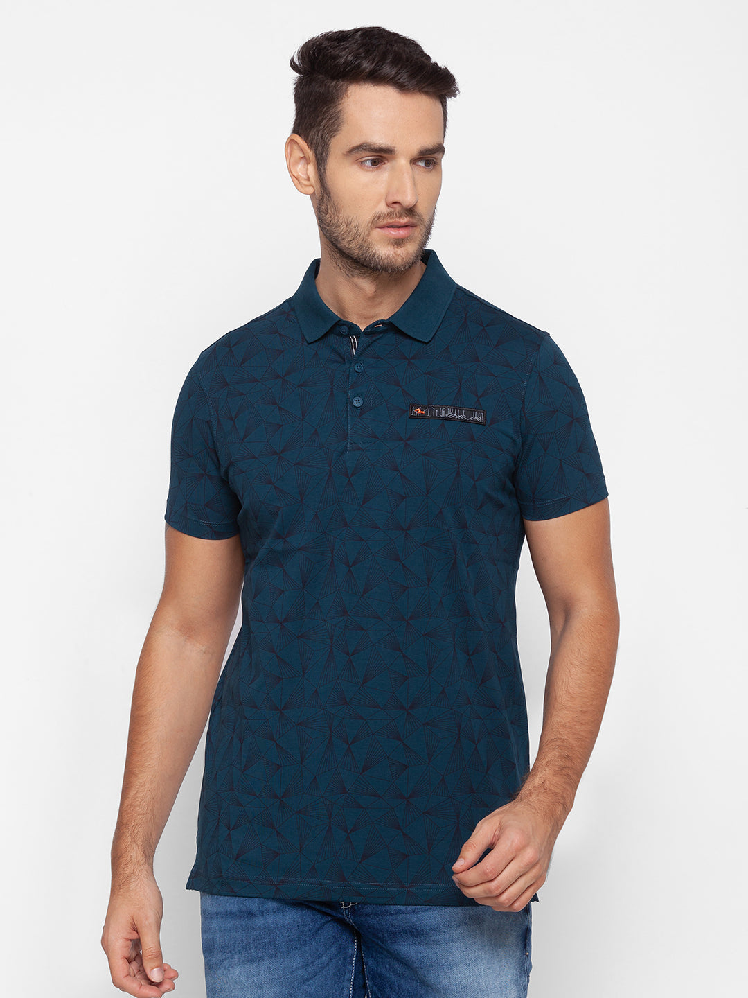 Spykar Men Blue Cotton Slim Fit Polo T-Shirt