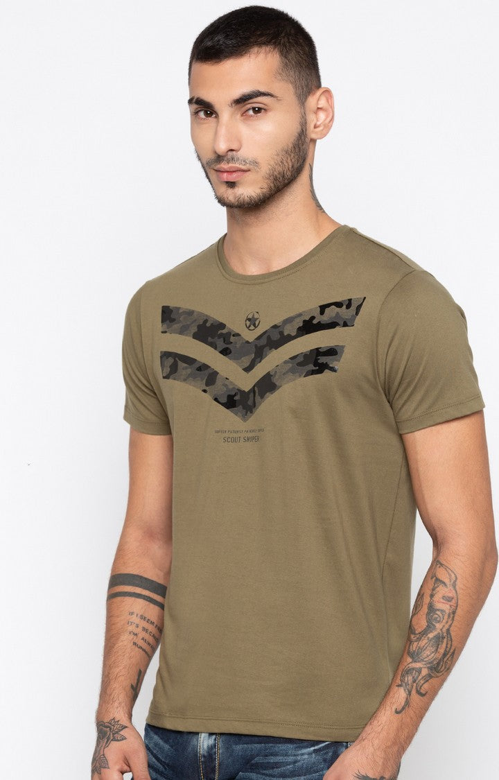 Spykar Olive Printed Slim Fit Men T-Shirts