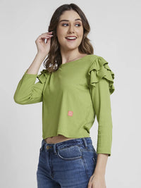 Spykar Women Bay Leaf Blended Regular Fit Full Sleeve Round Neck Plain Tshirt