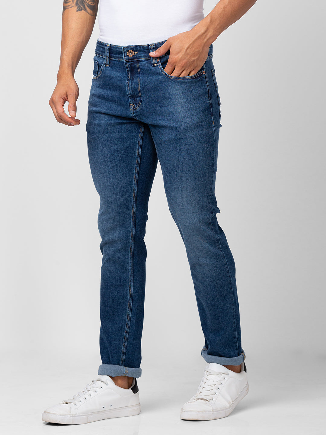 Spykar Men Dark Blue Cotton Stretch Regular Fit Narrow Length Jeans (Rover)