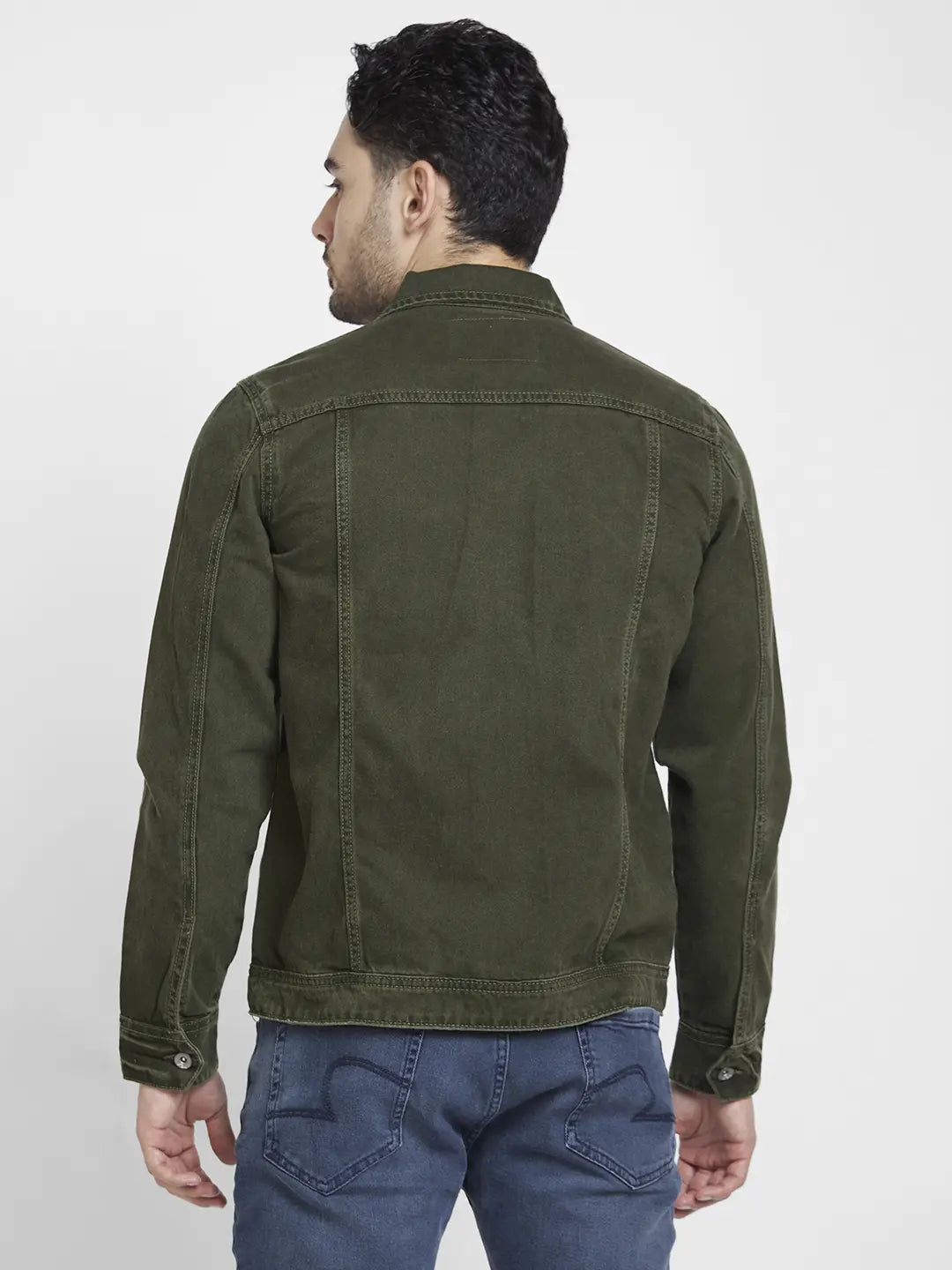 Spykar Men Dark Olive Cotton Regular Fit Denim Jacket