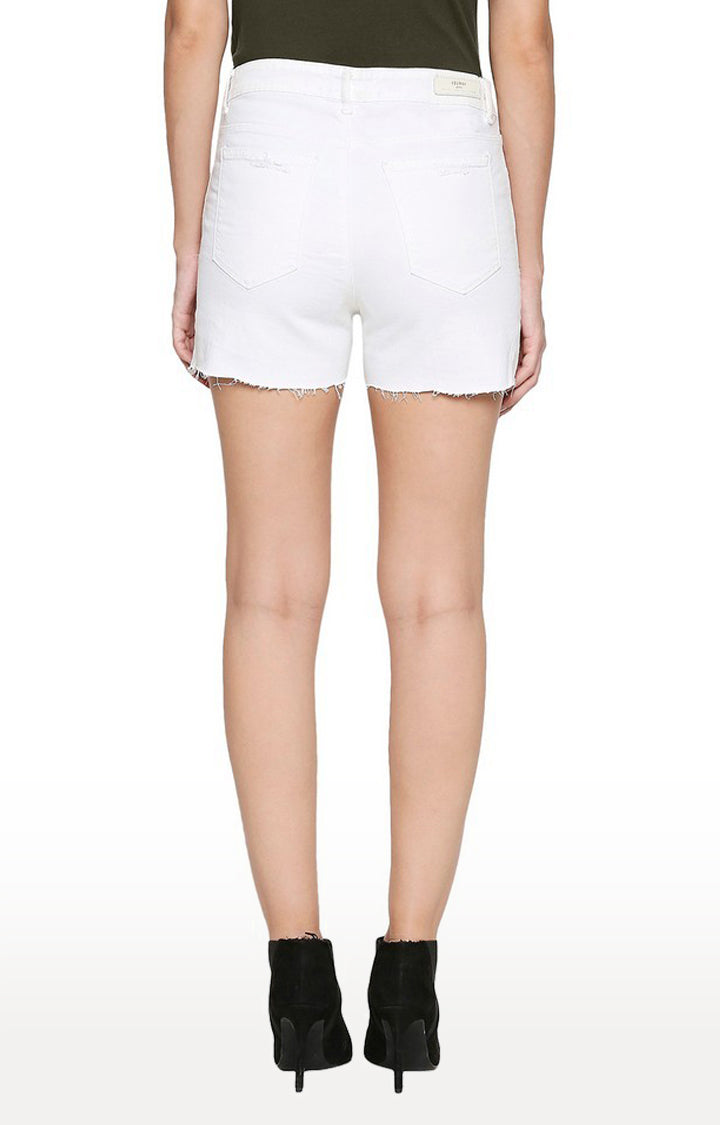 Spykar Women White Cotton Slim Fit Ripped Denim Short