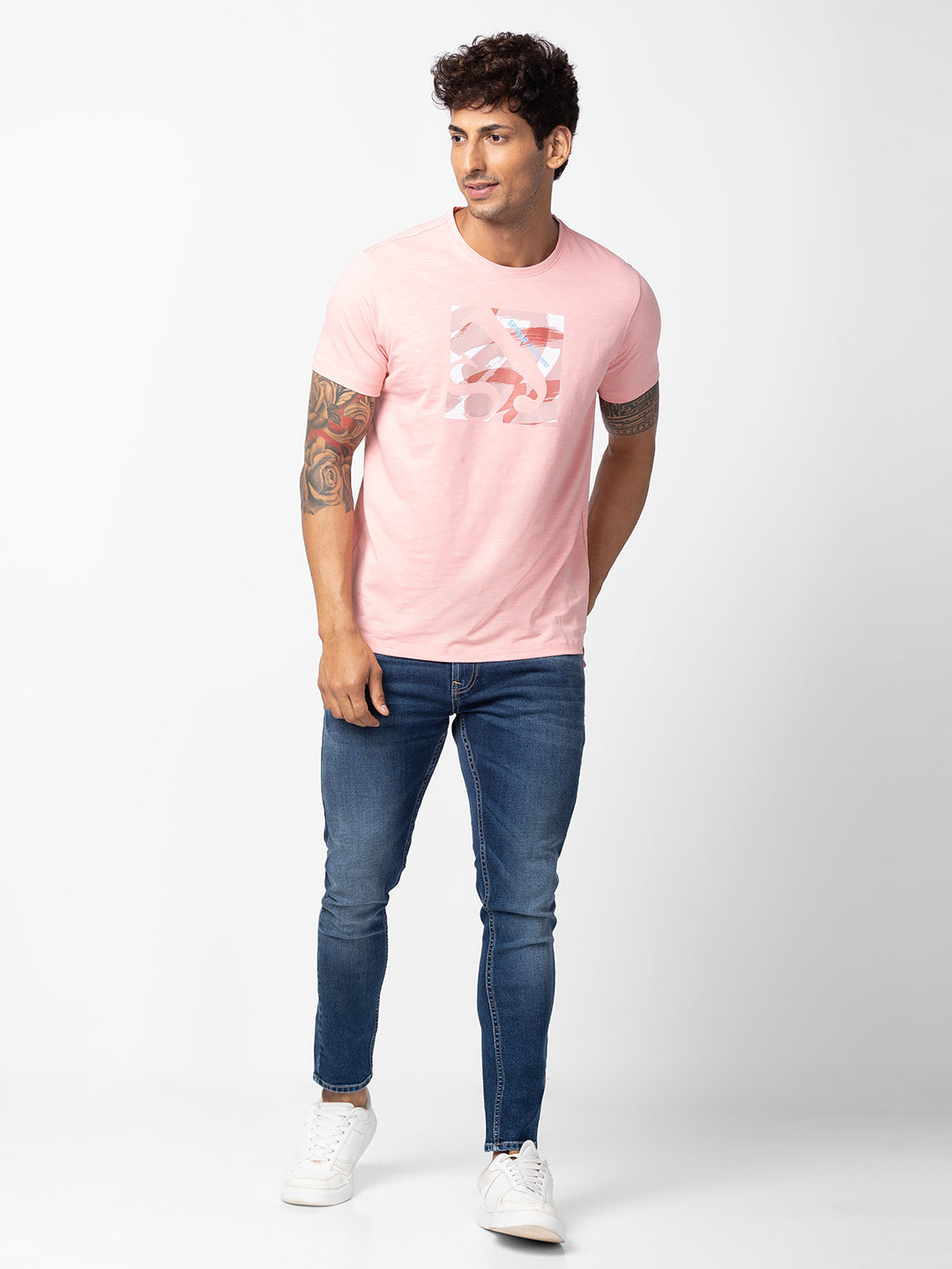 Spykar Men Powder Pink Cotton Regular Fit Half Sleeve Printed T-Shirt