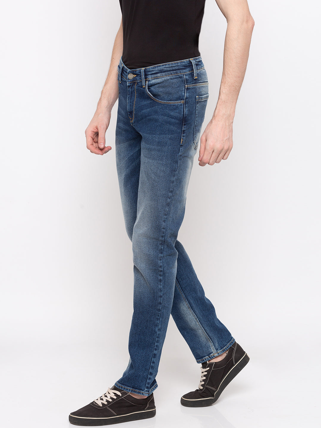 Spykar Men Mid Blue Solid Regular Fit Jeans