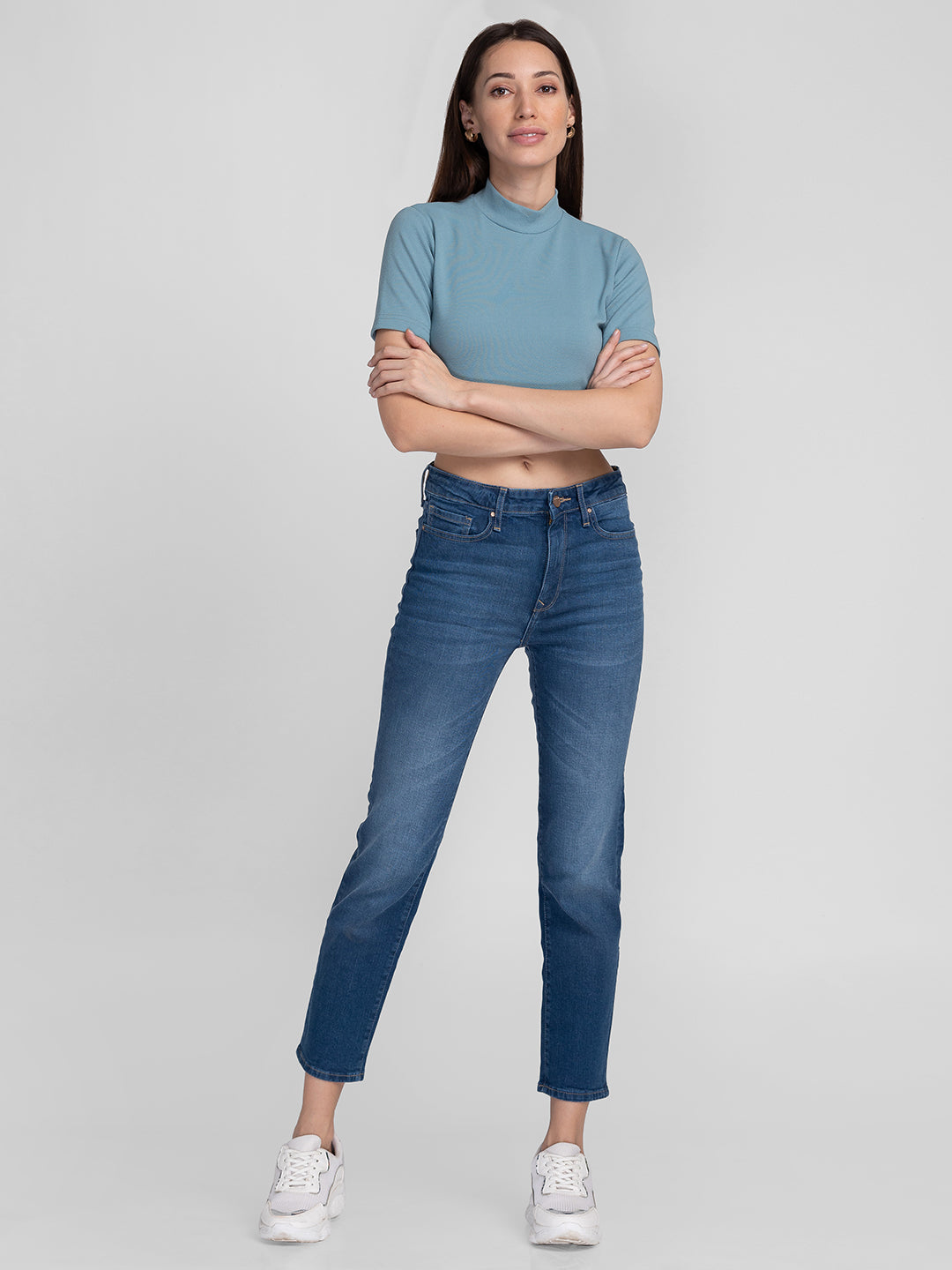 Spykar Women Mid Blue Cotton Slim Straigth Fit Ankle Length Jeans (Emma)