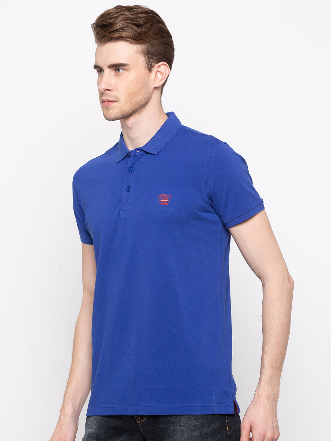 Spykar Men Blue Cotton Slim Fit Polo T-Shirt