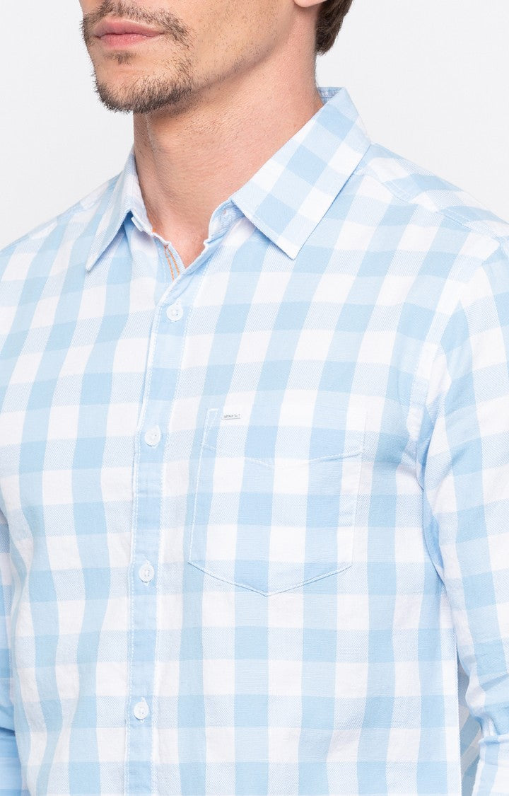 Spykar Men'S Blue Cotton Checked Casual Shirts