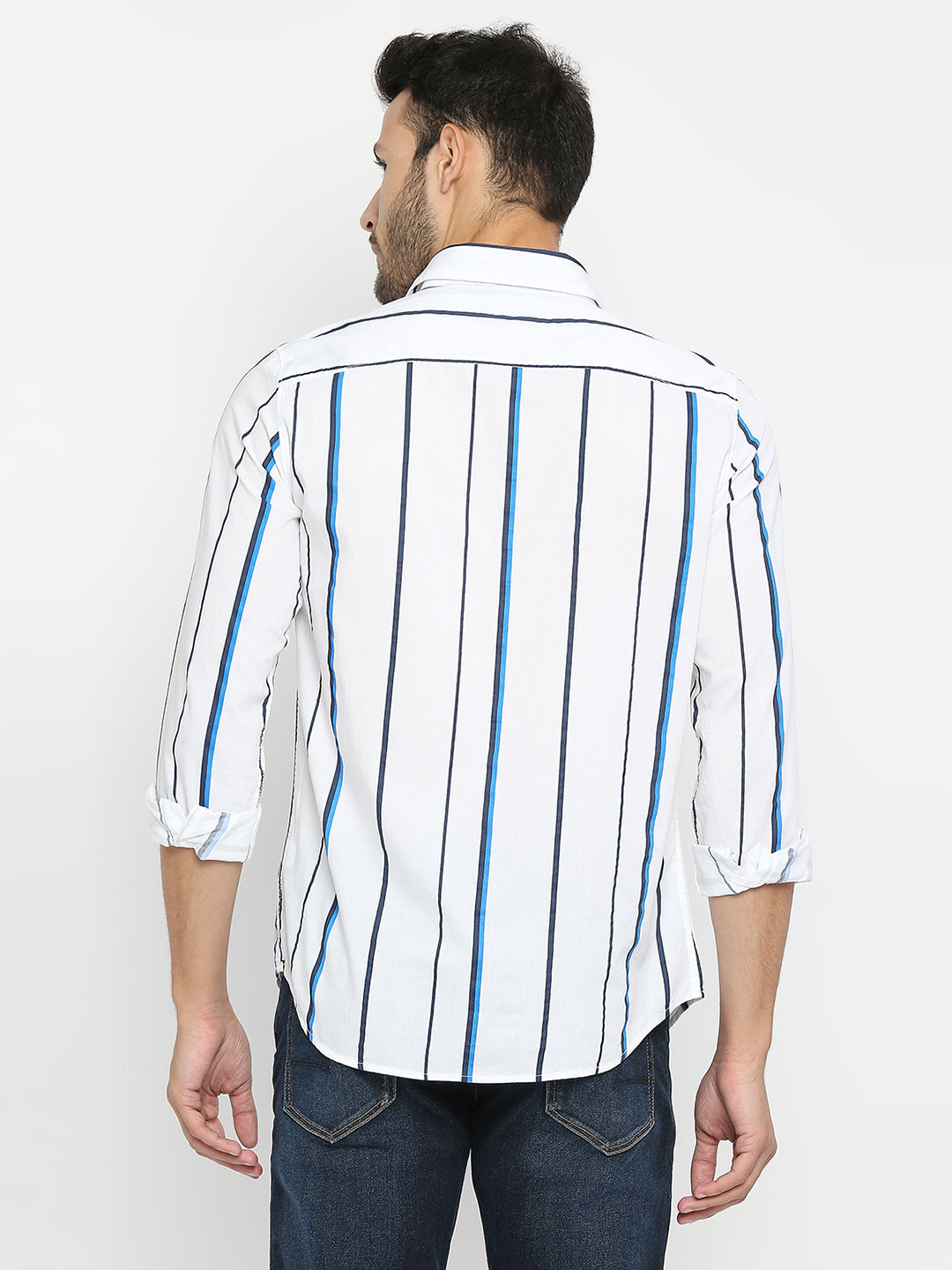 Spykar Men White Cotton Full Sleeve Striped Shirt