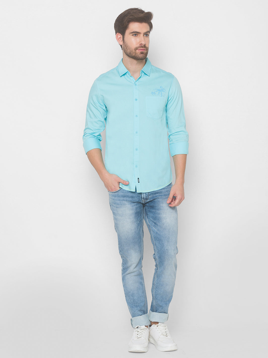 Spykar Men Aqua Blue Cotton Slim Fit Shirt