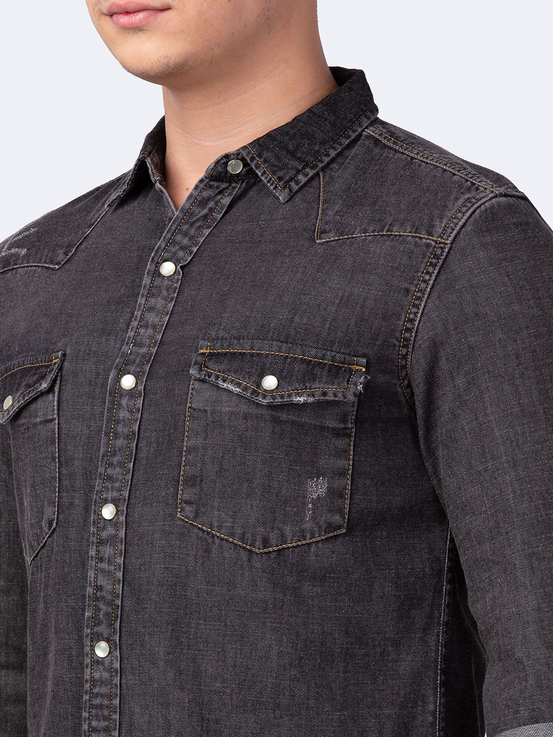 Spykar Men Black Cotton Slim Fit Denim Shirt