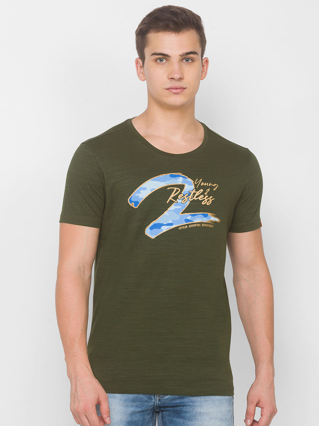 Spykar Men Green Cotton Slim Fit Round Neck T-Shirt