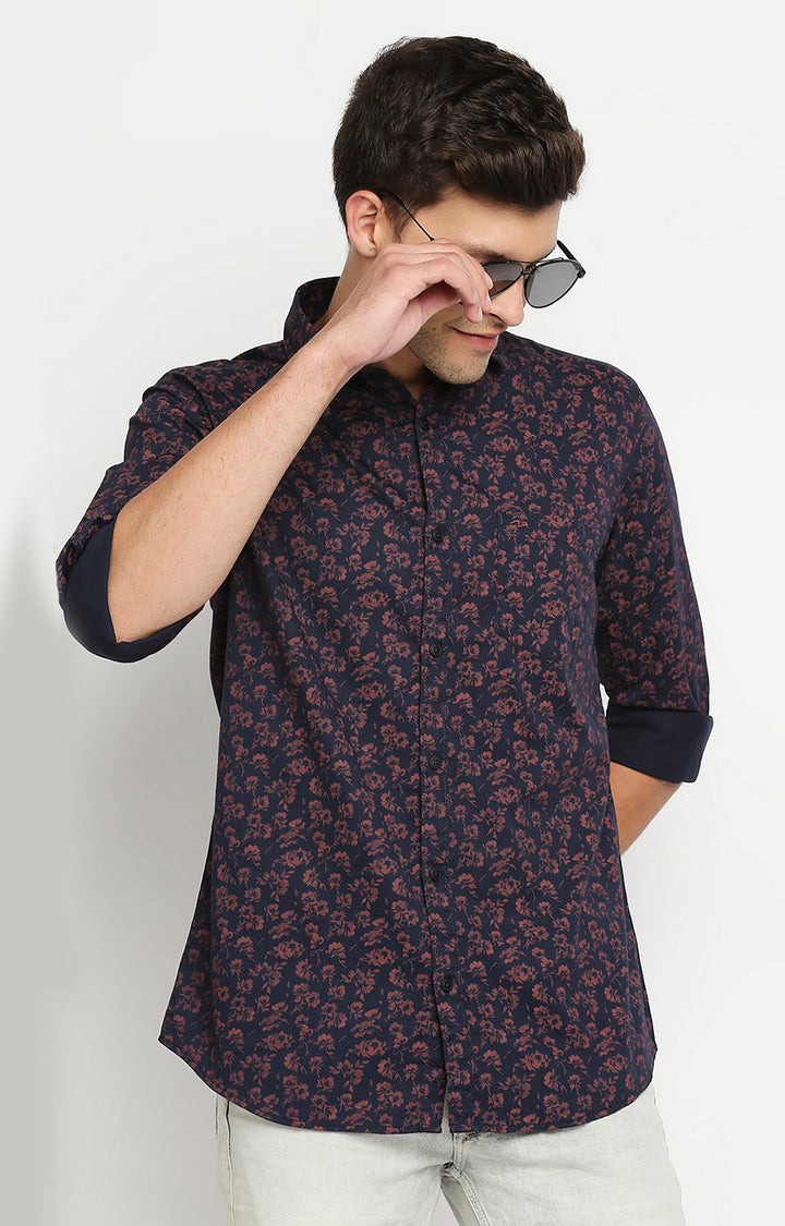 Spykar Men Navy Blue Cotton Slim Fit Floral Print Shirts