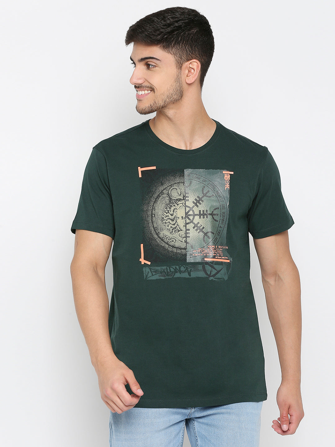 Spykar Bottle Green Cotton Half Sleeve Printed Casual T-Shirt For Men