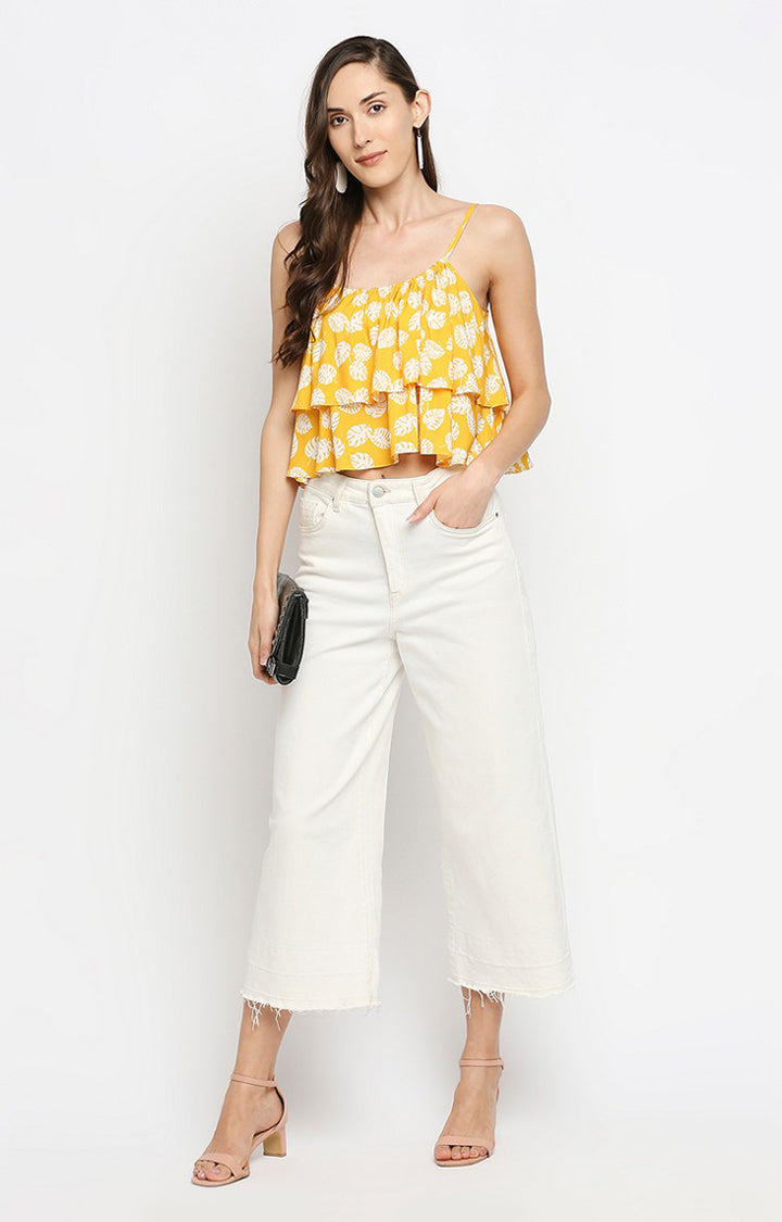 Spykar Women Yellow Viscose Floral Print Sleeveless Crop Top