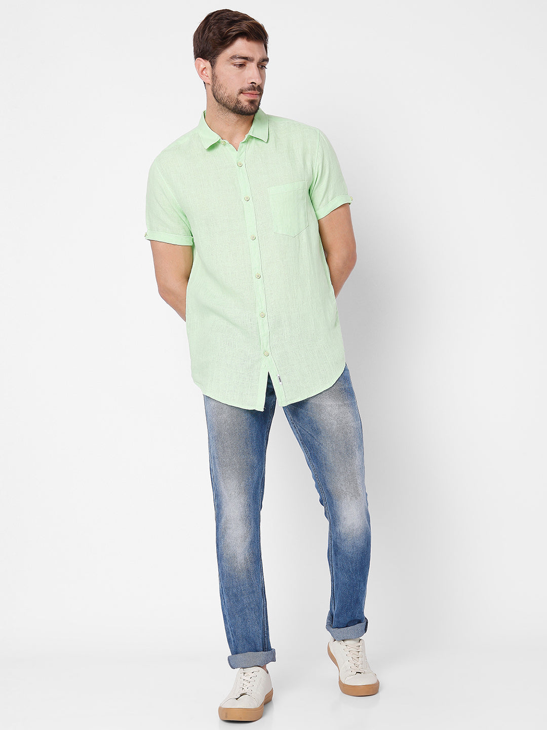 Spykar Slim Fit Men Lime Green Cotton Casual Shirts