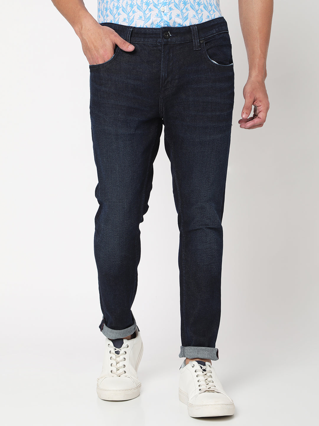 Spykar Dark Blue Cotton Slim Fit Tapered Length Jeans For Men (Kano)