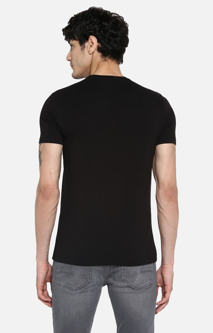 Spykar Jet Black Printed Slim Fit Men T-Shirts