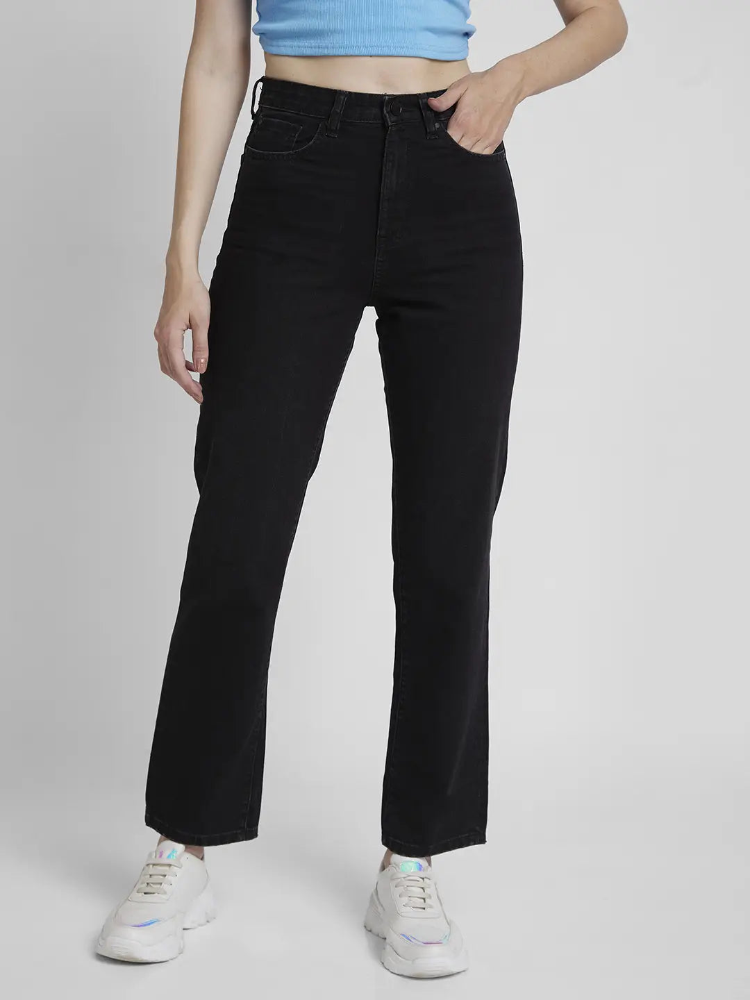 Spykar Women Raw Black Cotton Straight Fit Regular Length Slash Knee Jeans -(Bella)