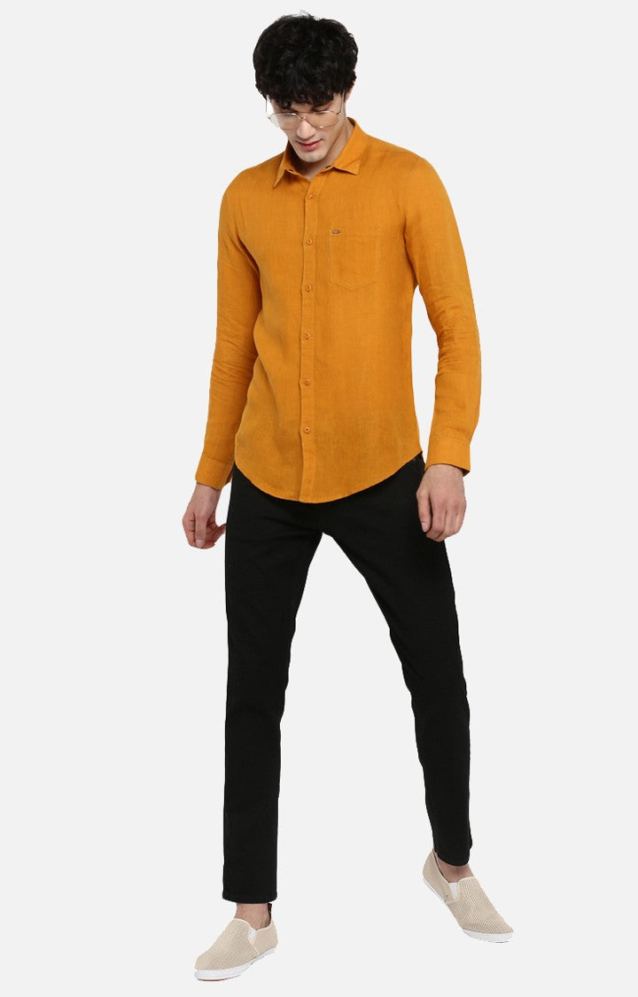 Spykar Men'S Yellow Linen Solid Casual Shirts